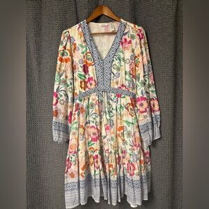 Kaktus Floral Boho Mini Dress XL 100% Cotton Peasant Tassel Tie